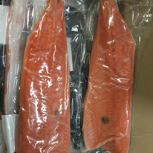 Frozen Salmon fillets skin on trim C, size: 1,00-1,8kg, packed: aprox 11 kg