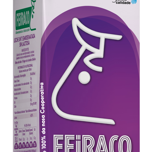 Leche de vaca semidesnatada, sin lactosa y de origen 100% gallega FEIRACO 1 l.