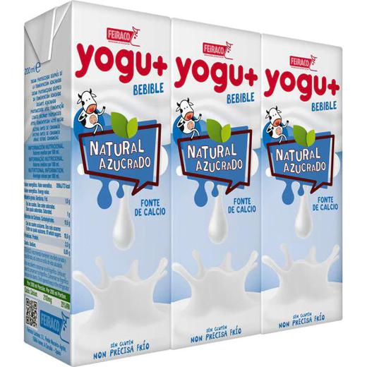 FEIRACO Yogu+ yogur líquido natural azucarado sin gluten pack 3 unidades 200 g