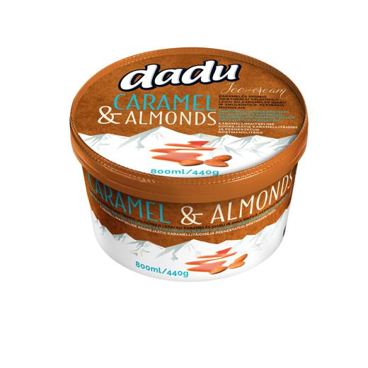 Caramel flavoured cream ice cream with caramel filling and chopped tosted almonds