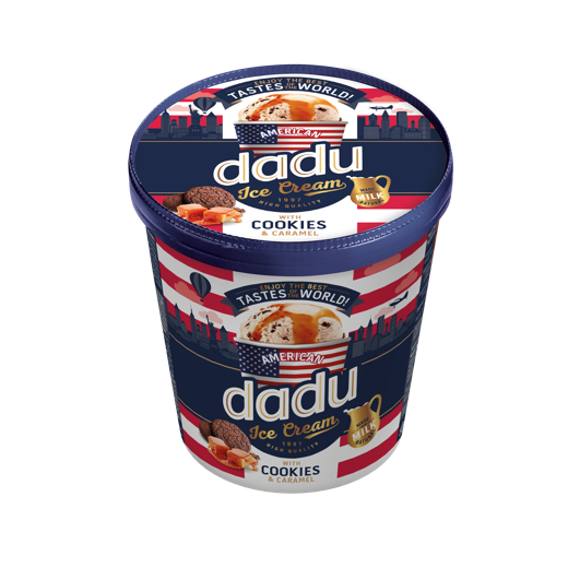 Vanilla flavoured ice cream with caramel filling and biscuit pieces AMERICAN