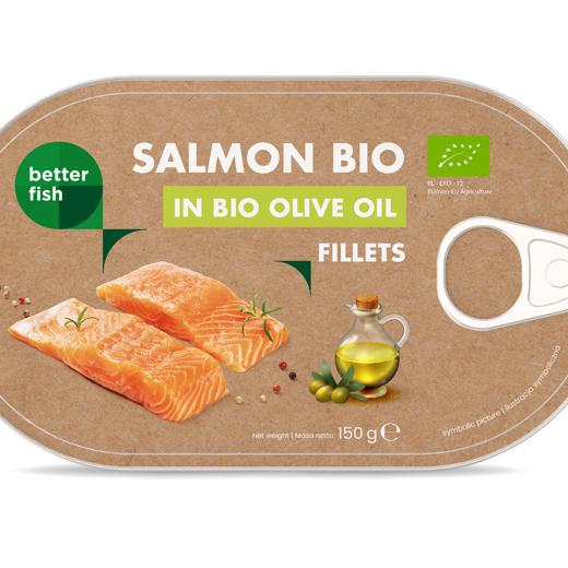 BIO BETTER FISH Salmon fillets in BIO olive oil 150 g can img0