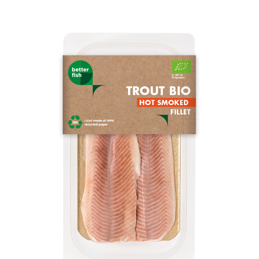 BIO BETTER FISH Rainbow trout fillets hot smoked skinless 70-125g skinpack